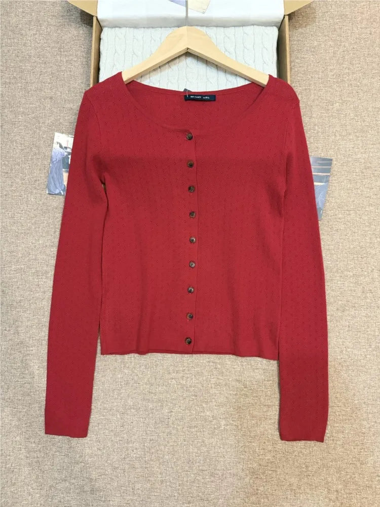 Simple Red Eyelet Cotton Knitted Cardigan Women Autumn New Casual Streetwear  Buttons Long Sleeve Coat Sweet Basic Sweaters Tops