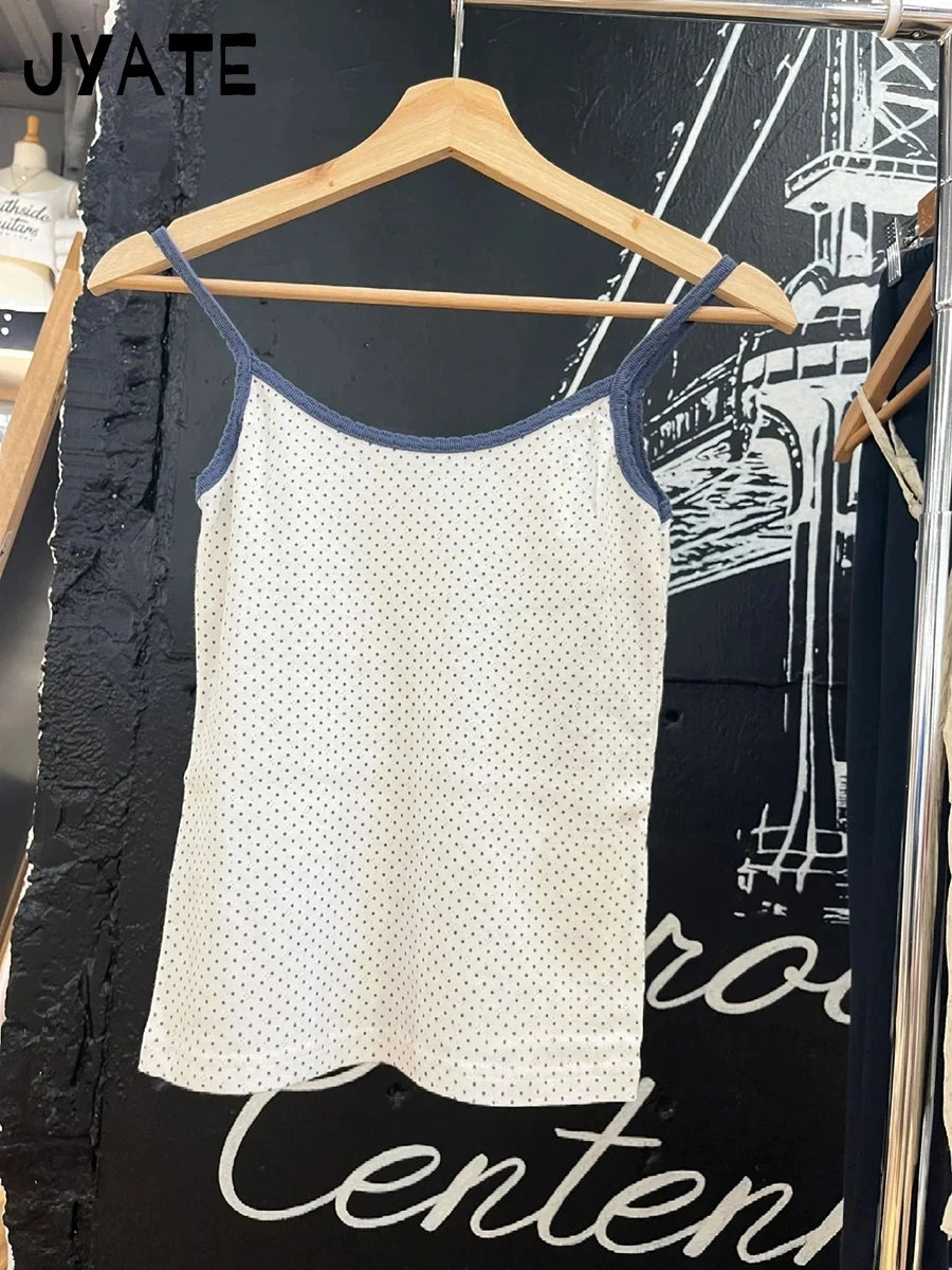 Blue Polka Dots Print Tank Tops Women New Casual Cotton Slim Patchwork Hollow Out Sleeveless Vests Vintage Sweet Cute Camis Y2K