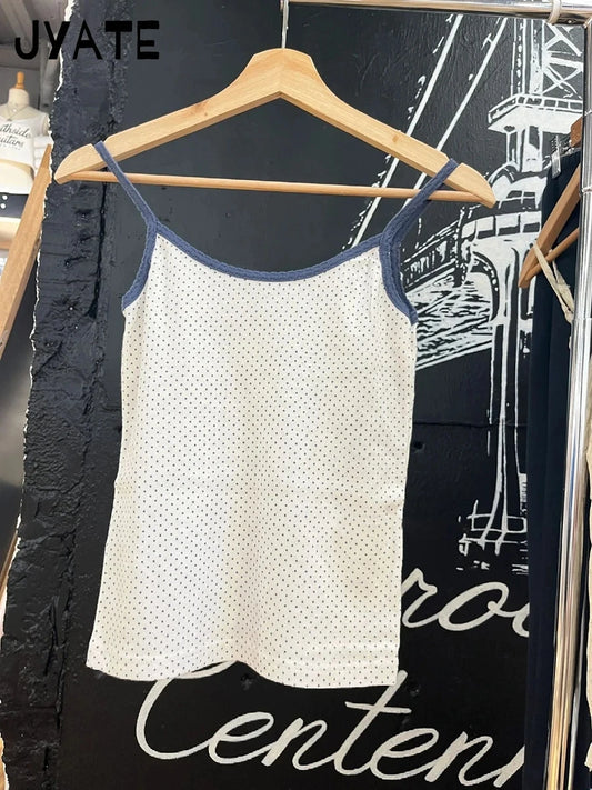 Blue Polka Dots Print Tank Tops Women New Casual Cotton Slim Patchwork Hollow Out Sleeveless Vests Vintage Sweet Cute Camis Y2K