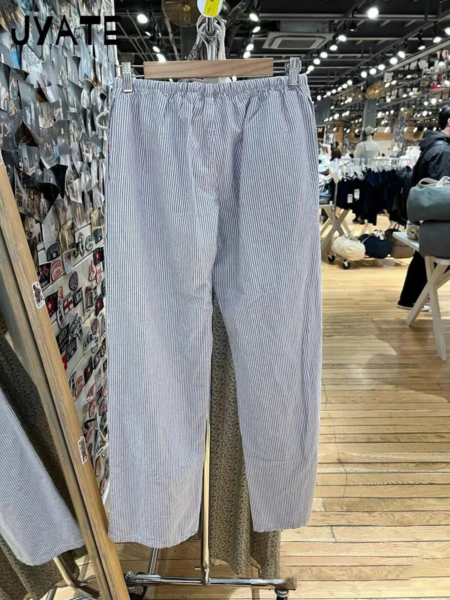 Fashion Blue Striped Drawstring Straight Sport Pants Women New Chic Elastic High Waist Long Pant Casual Sweet Loose Trousers Y2K