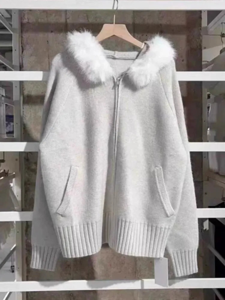 New Solid Plush Knitted Hooded Women Autumn Casual Pockets Cotton Warm Sweaters Tops Vintage Preppy Style Chic Sweater Cardigan