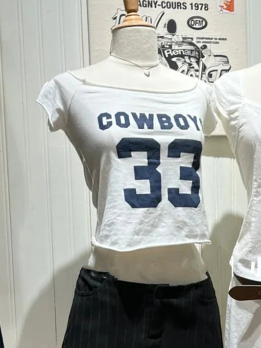 NO.33 Print Raw Trim Slim Crop Top Women Sexy Slash Neck Short Sleeve Cotton Cropped Tee Shirt American Vintage Sweet T-Shirts