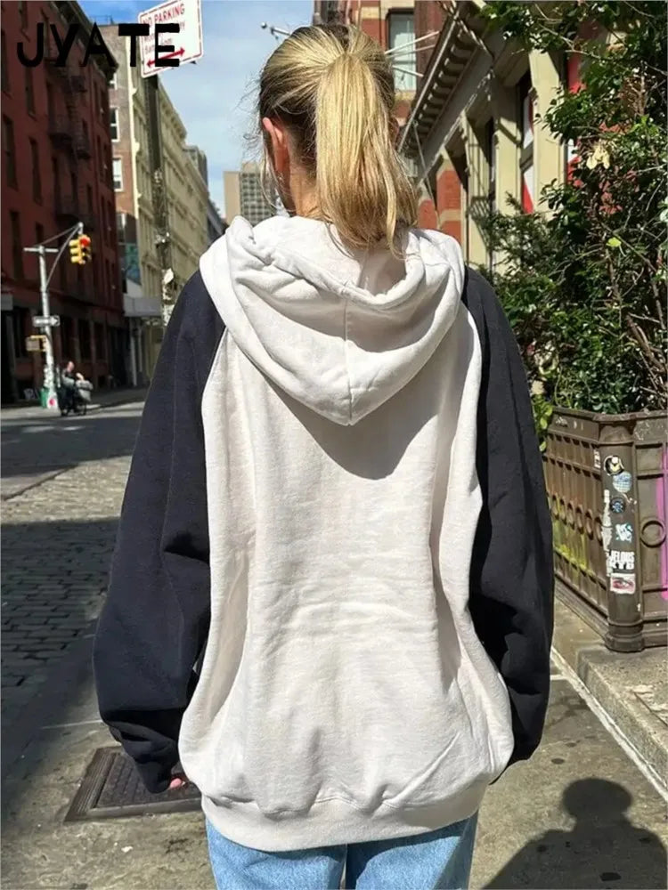Harajuku Loose Patchwork Zip-up Hoodies Women Autumn Cotton Pockets Drawstring Casual Jacket Tops Vintage Chic Y2K Sweatshirts