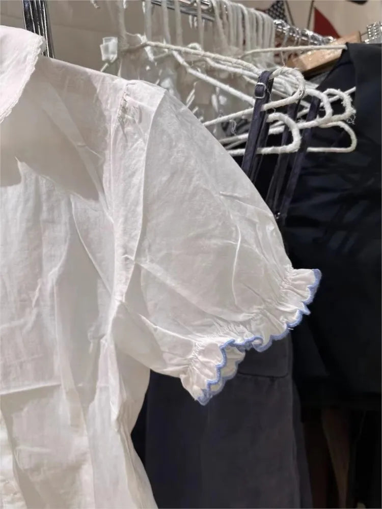 White Blue Lace Trim T-shirt Blouse Women Casual Pan Collar Single Breasted Short Sleeve Tee Sweet Vintage Cute Slim Tshirt Tops