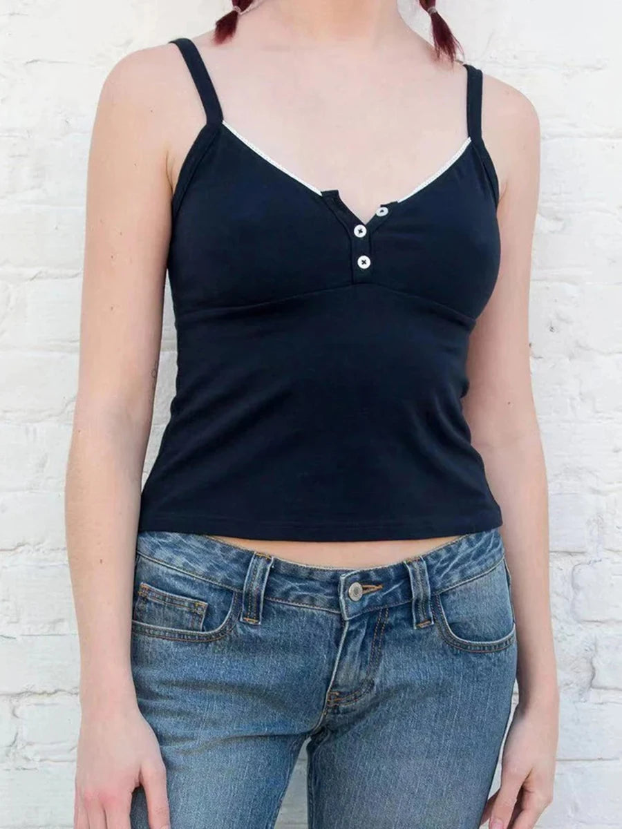 Retro Brown Lace Trim Buttons Tank Tops Women Summer V-neck Cotton Sexy Slim Sleeveless Crop Top Sweet Vintage Chic Y2K Camisole