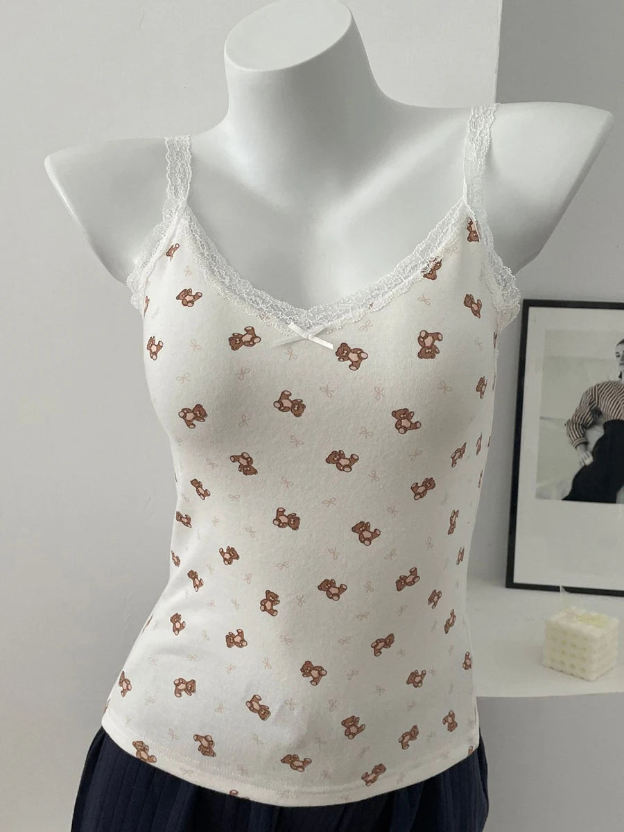 Lace Trim V-neck Slim Tank Tops Women Summer New Streetwear Cotton Casual Sleeveless Vests Sweet Cute Preppy Style Camisole Y2K