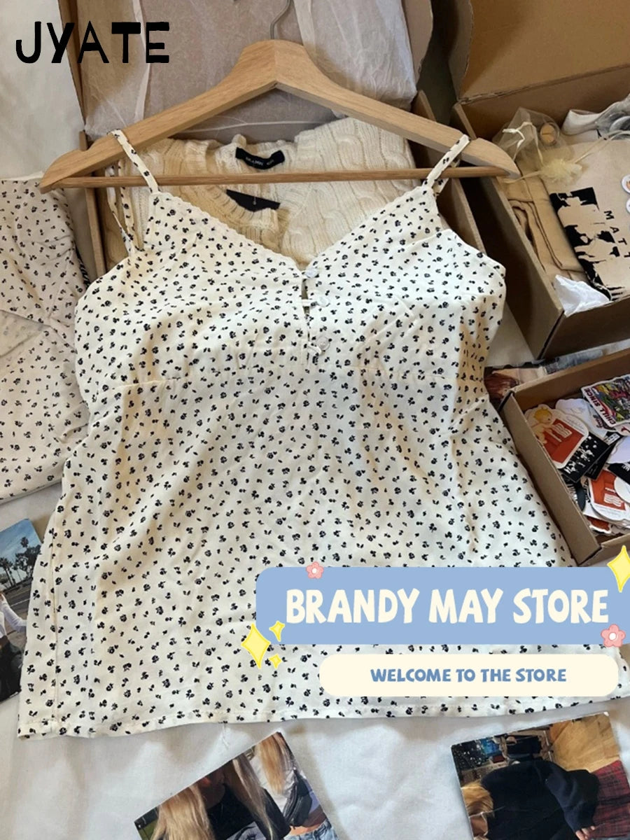 Floral Print Buttons V-neck Tank Tops Women New Casual Streetwear Cotton Preppy Sleeveless Vests Sweet Cute Vintage Camisole Y2K
