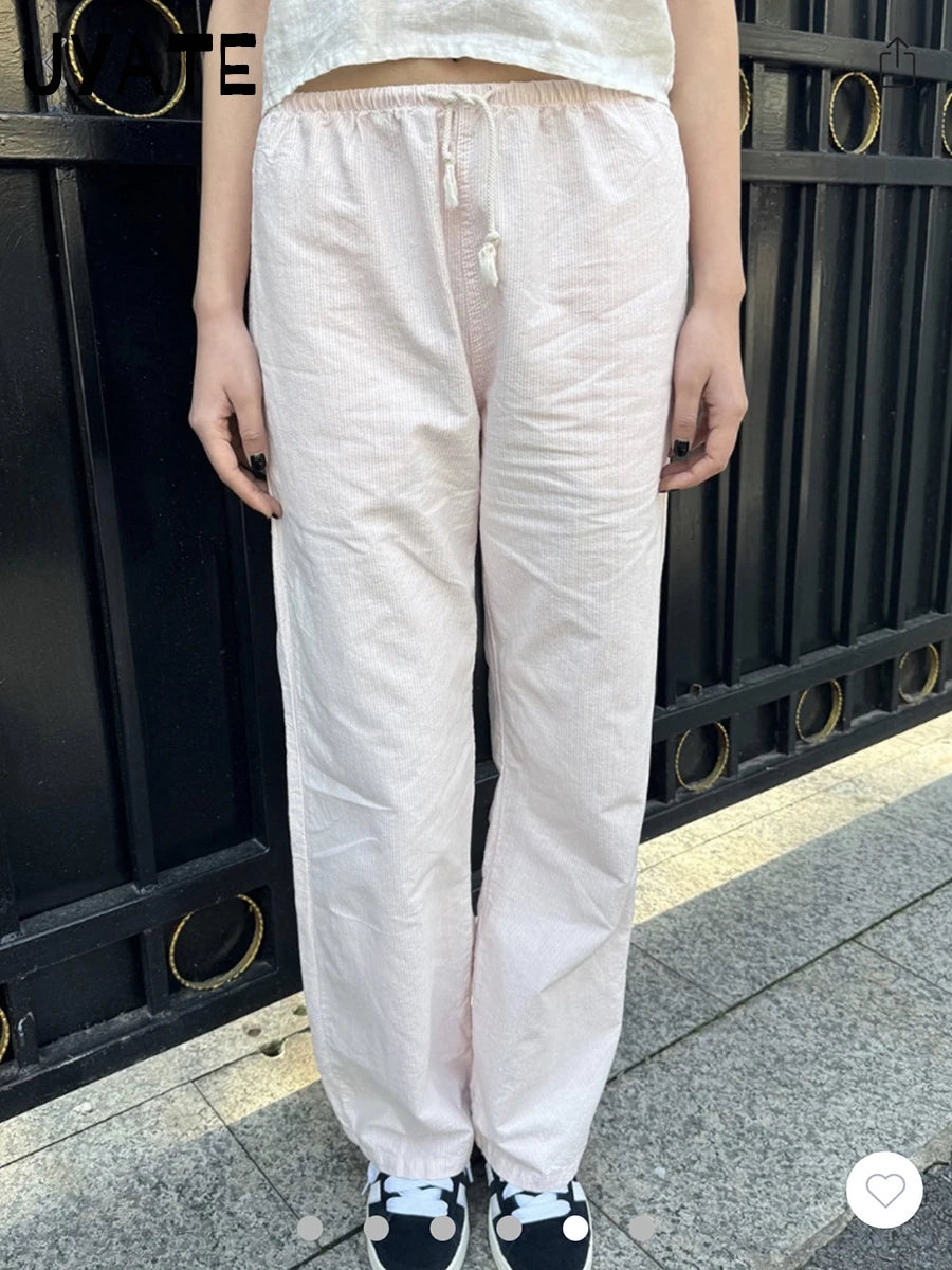New Pink Striped Drawstring Long Pants Women Cotton Casual High Waist Simple Wide Leg Pant Vintage Loose Streetwear Chic Trouser