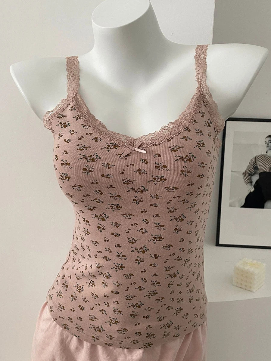 Floral Bow Lace Trim Crop Tops Women Summer Preppy Style Sleeveless Slim Cotton Tank Top Sweet Cute Vintage Camisole Clothes