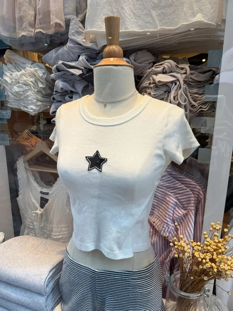 Sweet Star Appliques Slim Crop Top Woman Round Neck Short Sleeve Cotton Cropped T Shirt Summer Cute All-match T-shirts Y2K Tops