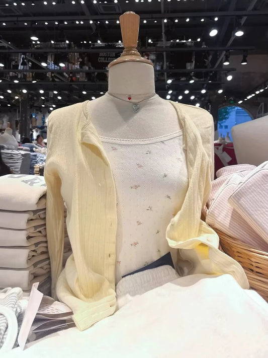 Yellow Eyelet Slim Long Sleeve T-shirt Women Preppy Style O-neck Single Breasted Cotton Tee Shirts Cute Vintage Sweet Tops Y2K