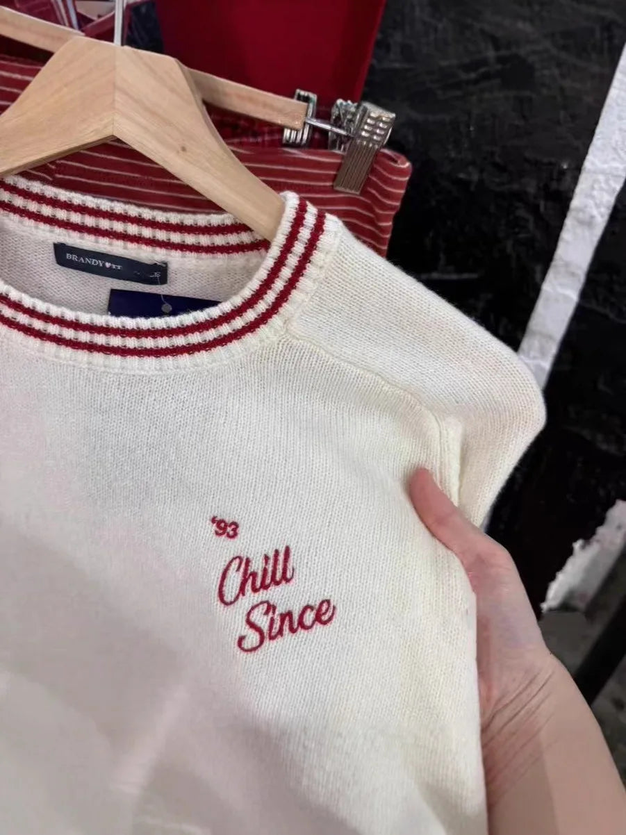 American retro preppy style letter embroidered round neck knit sweater  blocking versatile and slimming pullover sweater