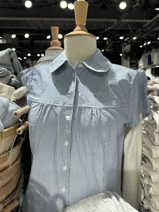 Blue Striped Peter pan Collar Blouse Women Casual Preppy Style Buttons Short Sleeve Tee Sweet Vintage Cute T-shirts Y2K Tops New