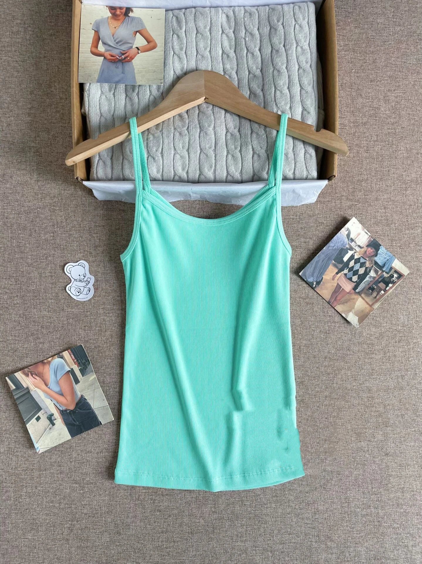 Mint blue Ribbed Slim Tank Tops Women Summer Cotton Casual Streetwear Sleeveless Vests Vintage Sweet Simple All-match Camisole