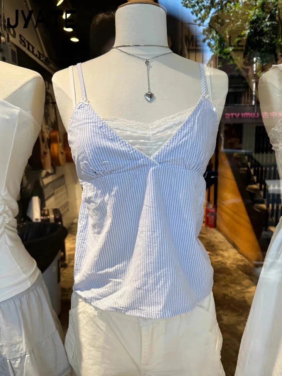 Fashion Blue Striped V-neck Bow Tank Tops Women New Cotton Casual Lace Trim Sexy Sleeveless Vests Sweet Preppy Style Camis Y2K