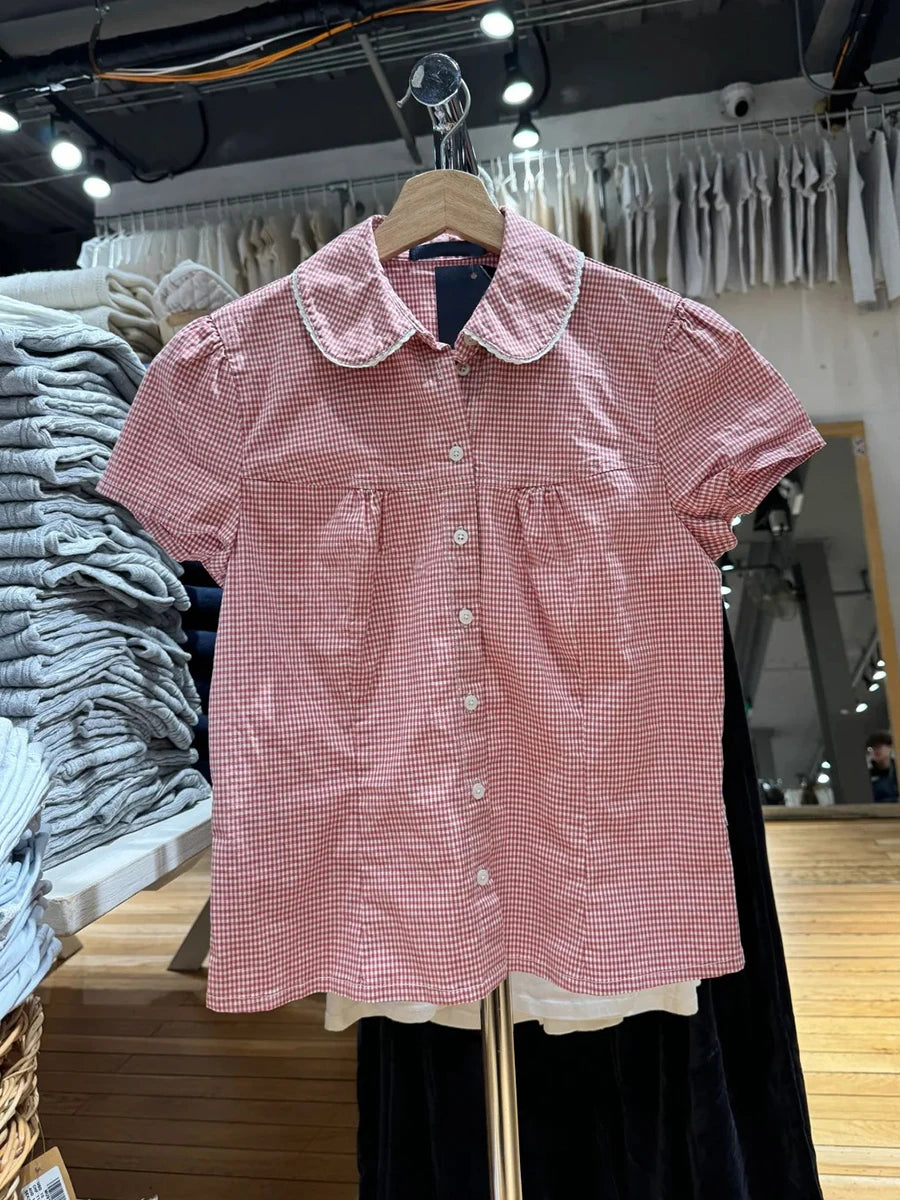 Cute Pink Plaid Peter Pan Collar Blouse Women New Casual Streetwear Buttons Short Sleeve Tee Sweet Preppy Style T-shirts Y2K Top