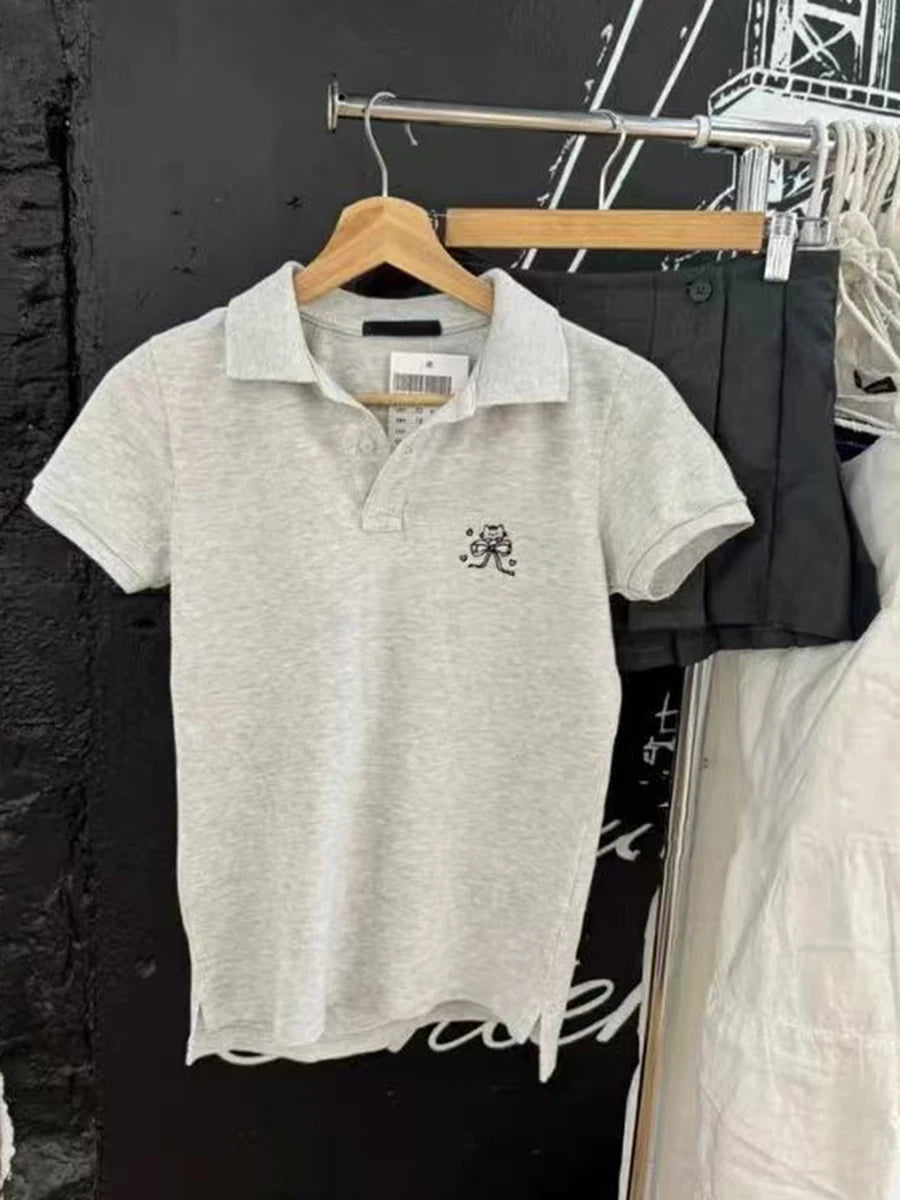 Cute Little Duck Embroidery T-shirt Women Summer Cotton Turn Down Collar Short Sleeve Tees Vintage Sweet Preppy Style T Shirt