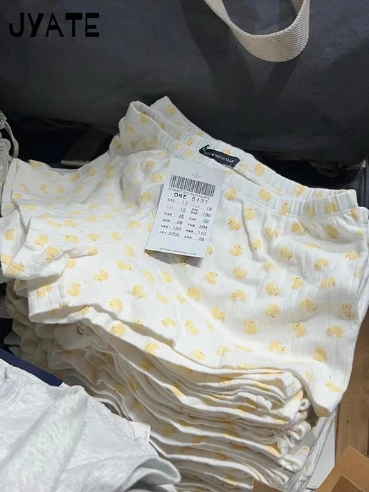 Little Duck Print Cotton Eyelet Shorts Women New Casual Elastic High Waist Straight Short Pants Sweet Cute Vintage Sweatshorts