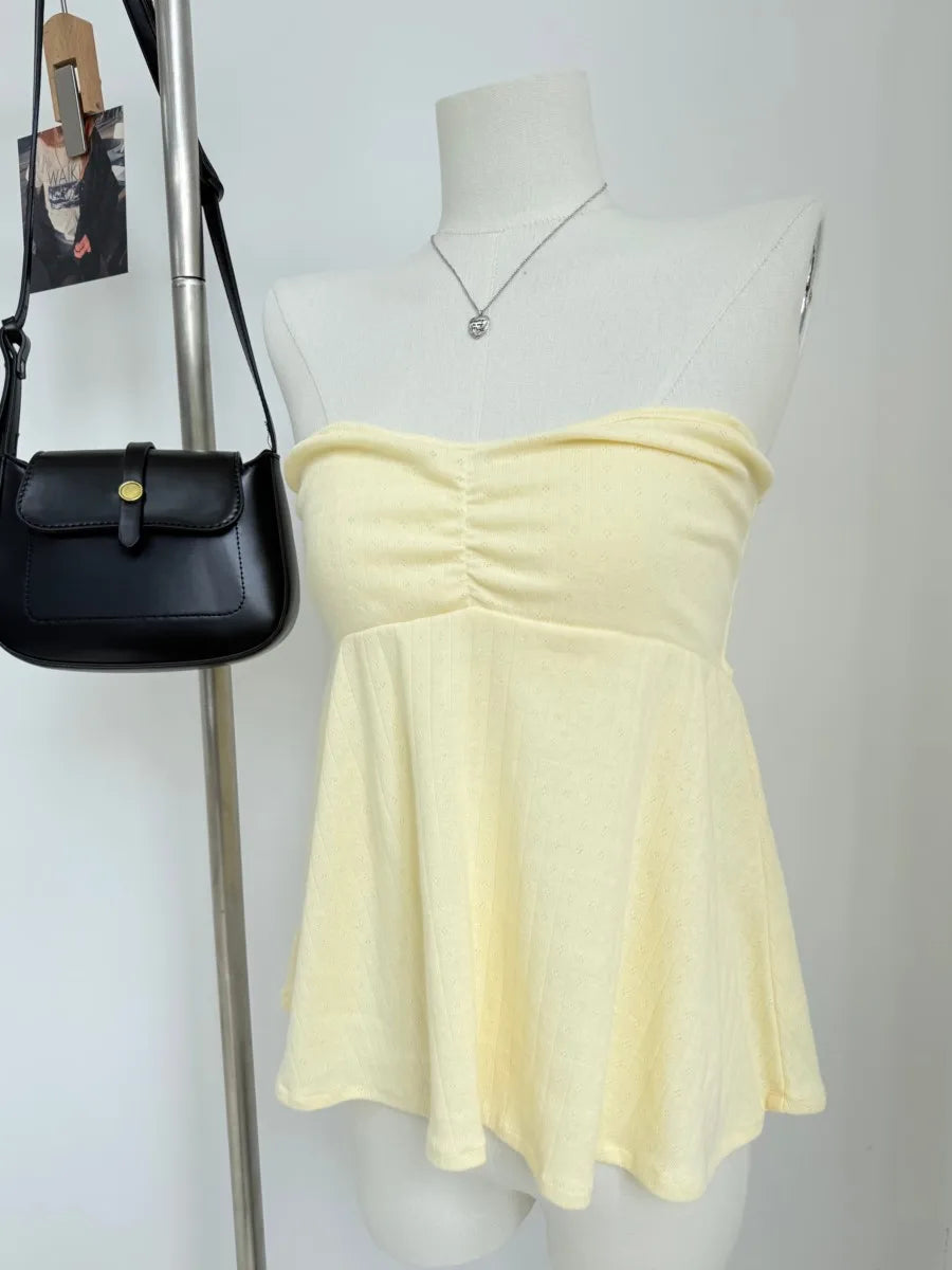 Butter Yellow Folds Tank Tops Woman Summer Casual Cotton Slim All-match Strapless Vest Cute Sweet Preppy Style Camisole Y2K New