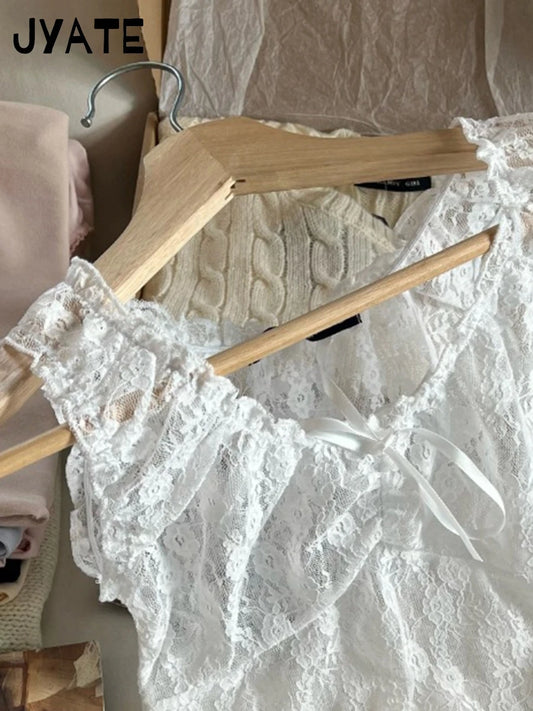 White Lace See Through Bow Sleeveless Vests Women Summer New Slim Casual V-neck Crop Tops FemaleSexy Vintage Sweet Tank Top Y2K