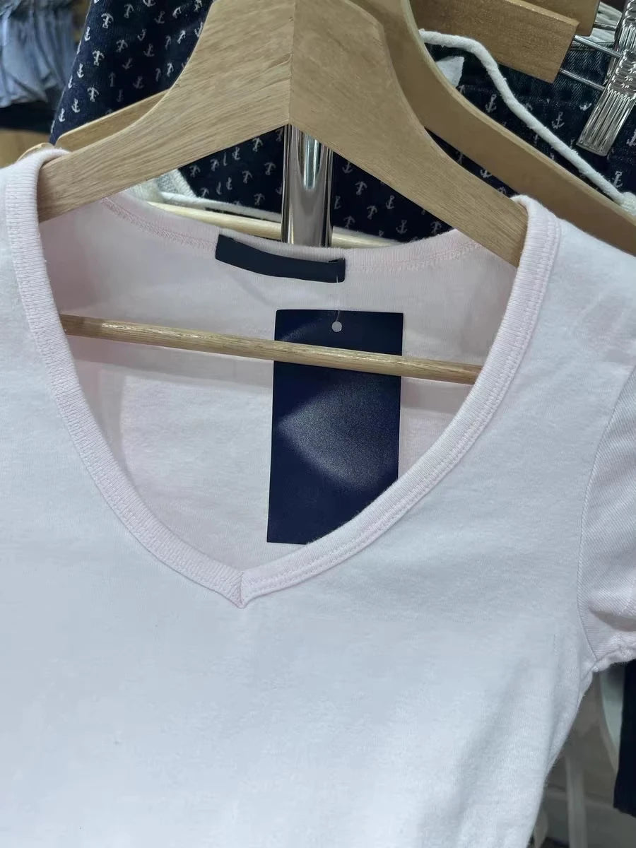 Pink Sweet V-neck Cotton Short Sleeve Tee Women New Casual Simple Preppy Style Slim Tops Clothes Vintage Sweet Chic T-shirt Y2K