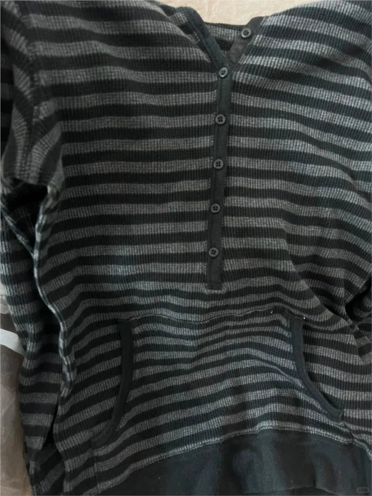 Gray Striped Waffle Hooded T-shirt Women Five  Button CottonSlim Long Sleeve Tee Shirt Casual Preppy Style Vintage Tshirt Y2k