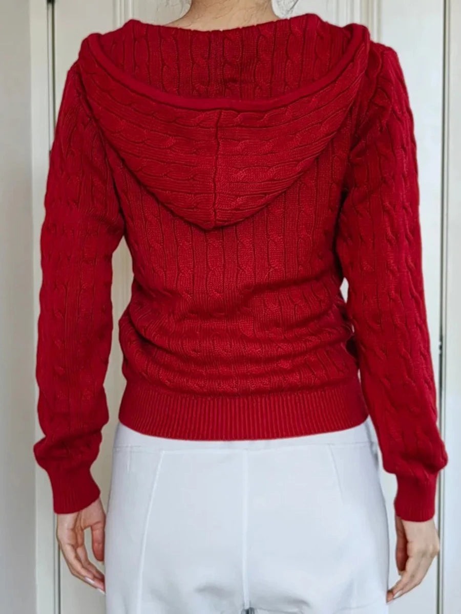 OOTD Red Twisted Flower Hooded Zipper Coat Women Fall Winter Long Sleeve Pocket Knit Cardigan Sweater Vintage Chic Knitwear