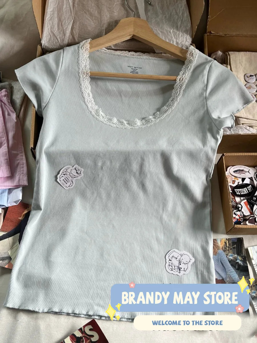 Sweet Crew Neck Solid Short Sleeve Tees Women Summer New Cotton Soft Casual Streetwear Chic Tops Vintage Cute Harajuku T-shirts