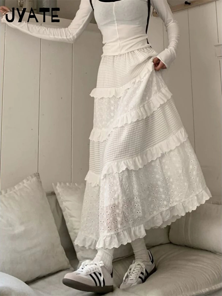 Sweet Floral Embroidery Ruffle Long Skirts Women New Casual Elastic High Waist A-line Falda Vintage Chic Preppy Style Maxi Skirt
