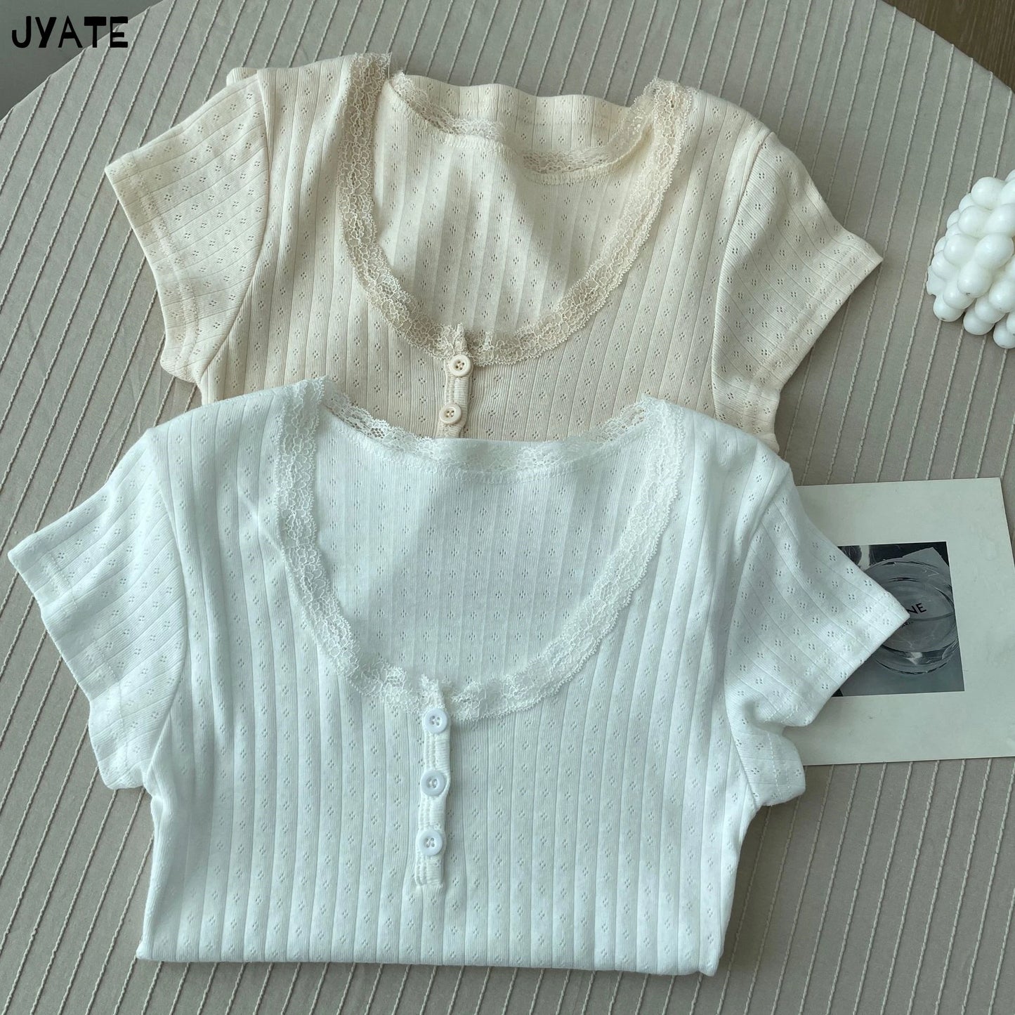 Eyelet Lace Trim Buttons Short Sleeve Tees Women New Casual Slim Streetwear Tops Femme Sweet Vintage Preppy Style T-shirts Y2K