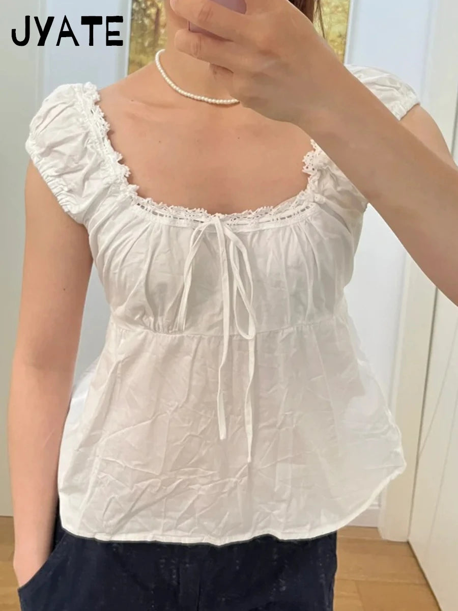 New Lace Trim Strap Cotton Short Sleeve Tees Female Casual Simple Sexy White Crew Neck Tops Clothes Sweet Cute Chic T-shirts Y2K