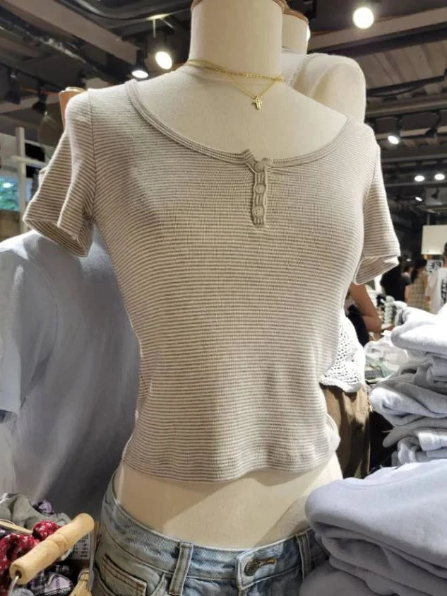 Pink Striped Slim Buttons T-shirts Women New Cotton O-neck Casual Simple Basic Short Sleeve Tees Sweet Cute Girls Tshirt Y2K Top