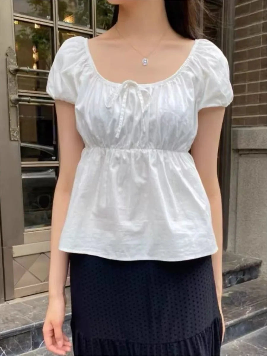 Lace-up Strap White Short Sleeve Tees Women Summer Casual Simple Sexy White Crew Neck Tops Sweet Cute Preppy Style T-shirts Y2K