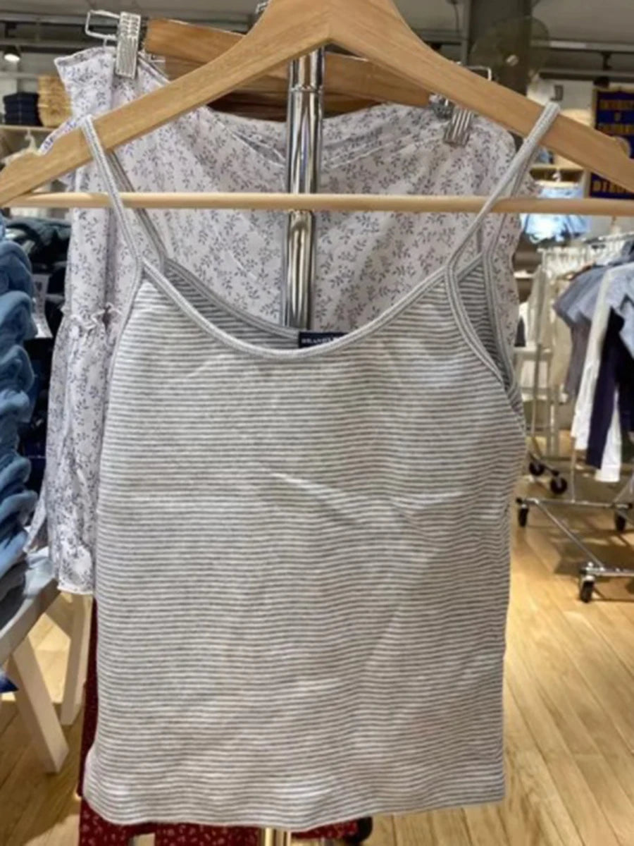 Blue Striped Eyelet Tank Tops Women Summer Y2K Cotton Soft Bow Lace Trim Sleeveless Vests Sweet Cute Preppy Style Camisole New
