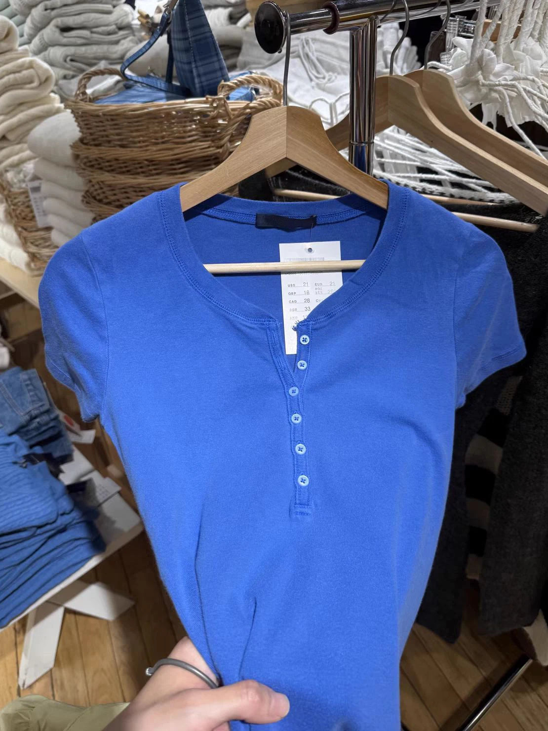 Electric Blue Six Buttons T-shirts Women Summer O-neck Cotton Slim Short Sleeve Tee Tops Female Casual Simple All-match Tshirts