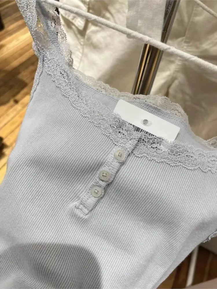 Blue Lace Trim Ribbed Buttons Camisole Women Summer New Casual cotton Slim Sleeveless Vest Sweet All-match Cropped Tank Tops Y2K
