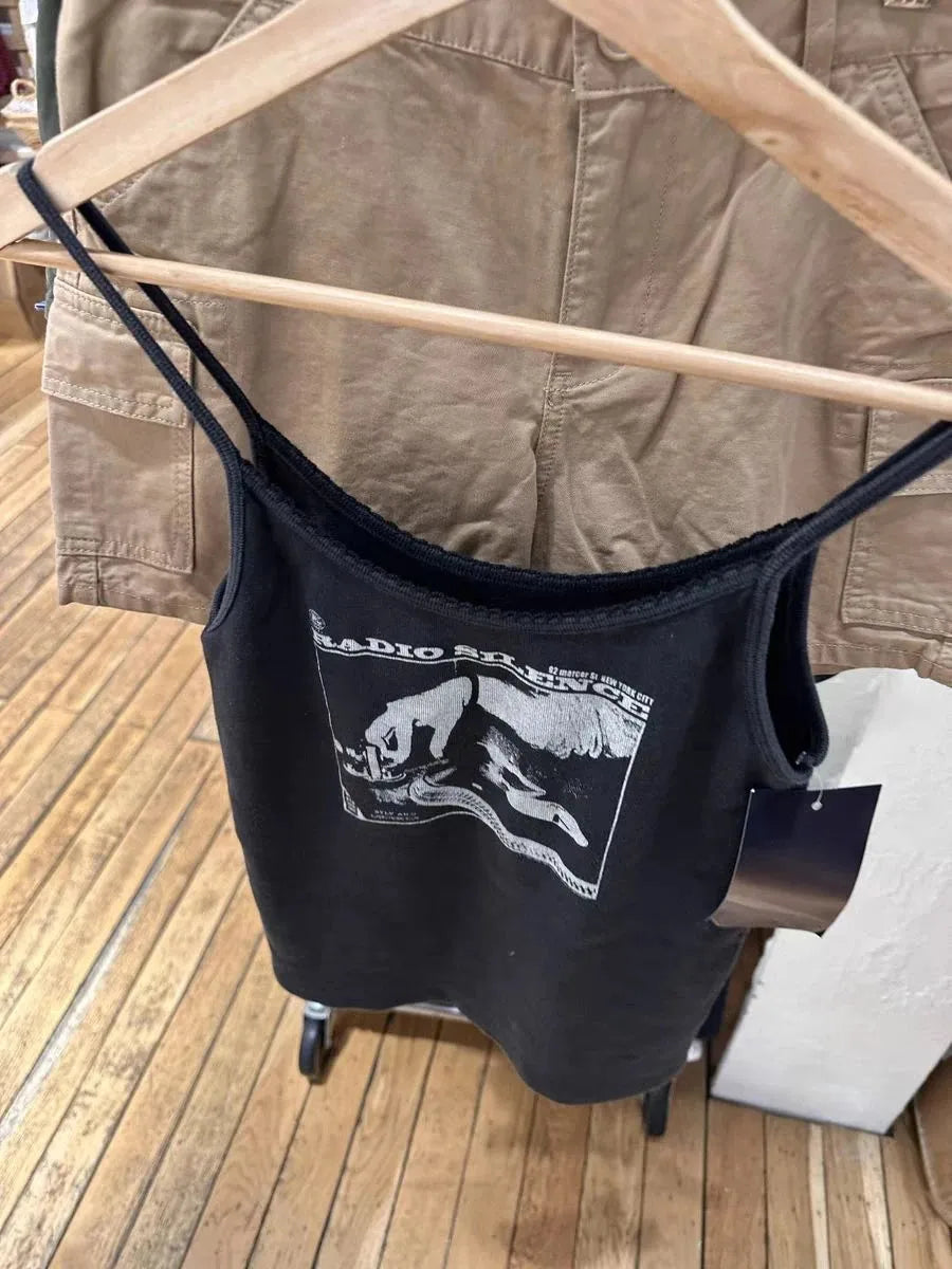 Vintage Radio Print Slim Tank Tops Women Summer New Cotton Casual Lace Trim Sleeveless Vests Harajuku Streetwear Camisole Y2K
