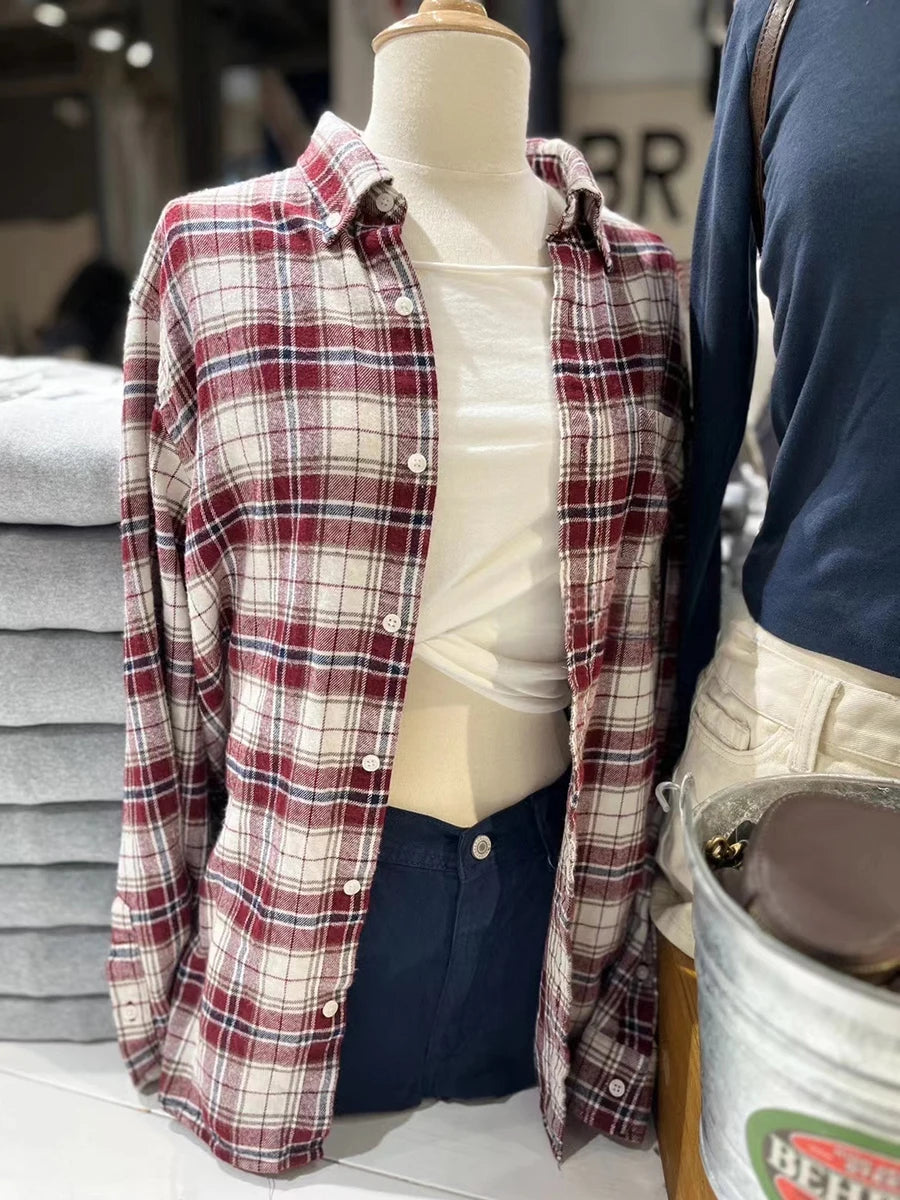 Retro Red Plaid Button Loose T-shirts Women Cotton Turn Down Collar Casual Simple Tees Coat Vintage Chic Streetwear Blouse Y2K