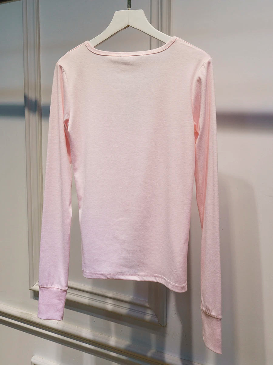 Pink Six Buttons Thin Long Sleeve T-shirts Women Spring Round Neck Cotton Slim Tee Top Female Cute Sweet Tshirt Y2k Tops New