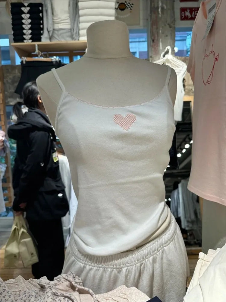 Pink Heart Embroidery Slim Tank Top for Women Summer Cotton Casual Lace Trim Sleeveless Camisole Sweet Cute Preppy Style Y2K Top