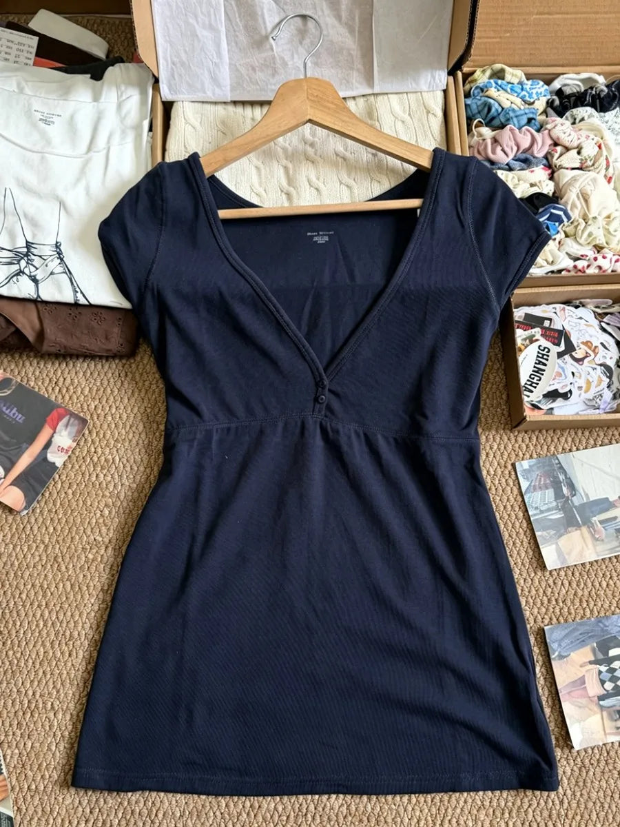 White V-neck Buttons T-shirts Women Simple All-match Casual Cotton Slim Short Sleeve Tee Sweet Cute Preppy Style Tshirt Y2K Tops