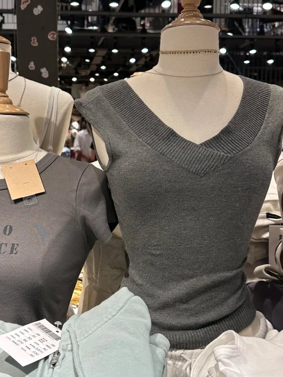 Gray Knitted Slash Neck T-shirts Women Summer New Casual Streetwear Short Sleeve Tees Vintage Sweet Cotton Chic Tshirt Y2K Tops