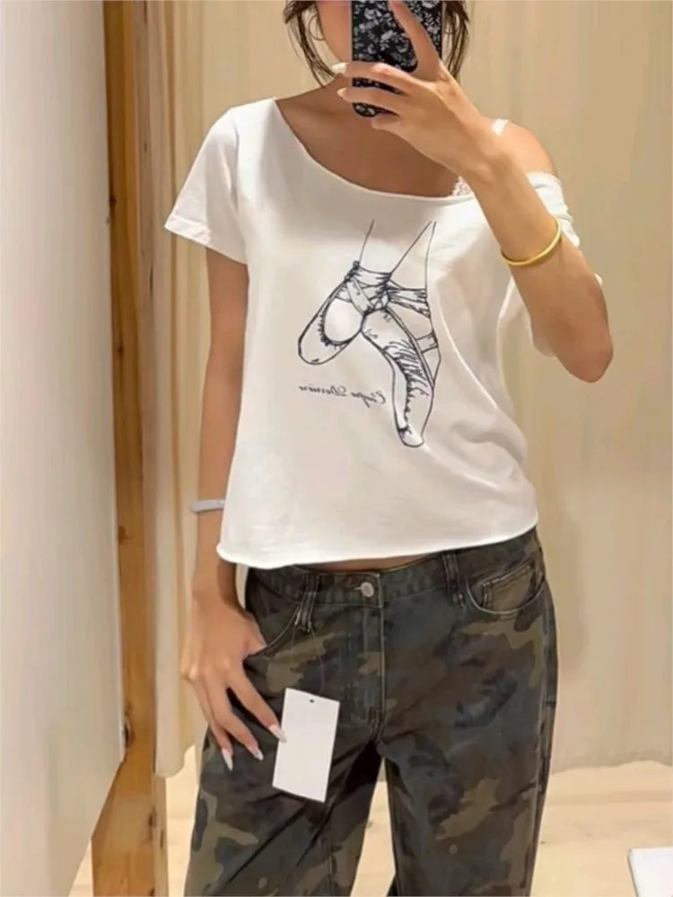 Raw Hem Slash Neck Crop Top Women Simple Ballet Shoes Print Slim Short Sleeve Tee Cute Sweet Preppy Style Cotton Tshirt Y2K