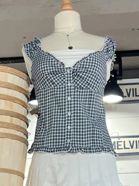 Dark Blue Folds Ruffle Sleeveless Blouse Top Women Summer Casual Single Breasted Tank Tops Vest Vintage Chic Simple Camisole Y2K