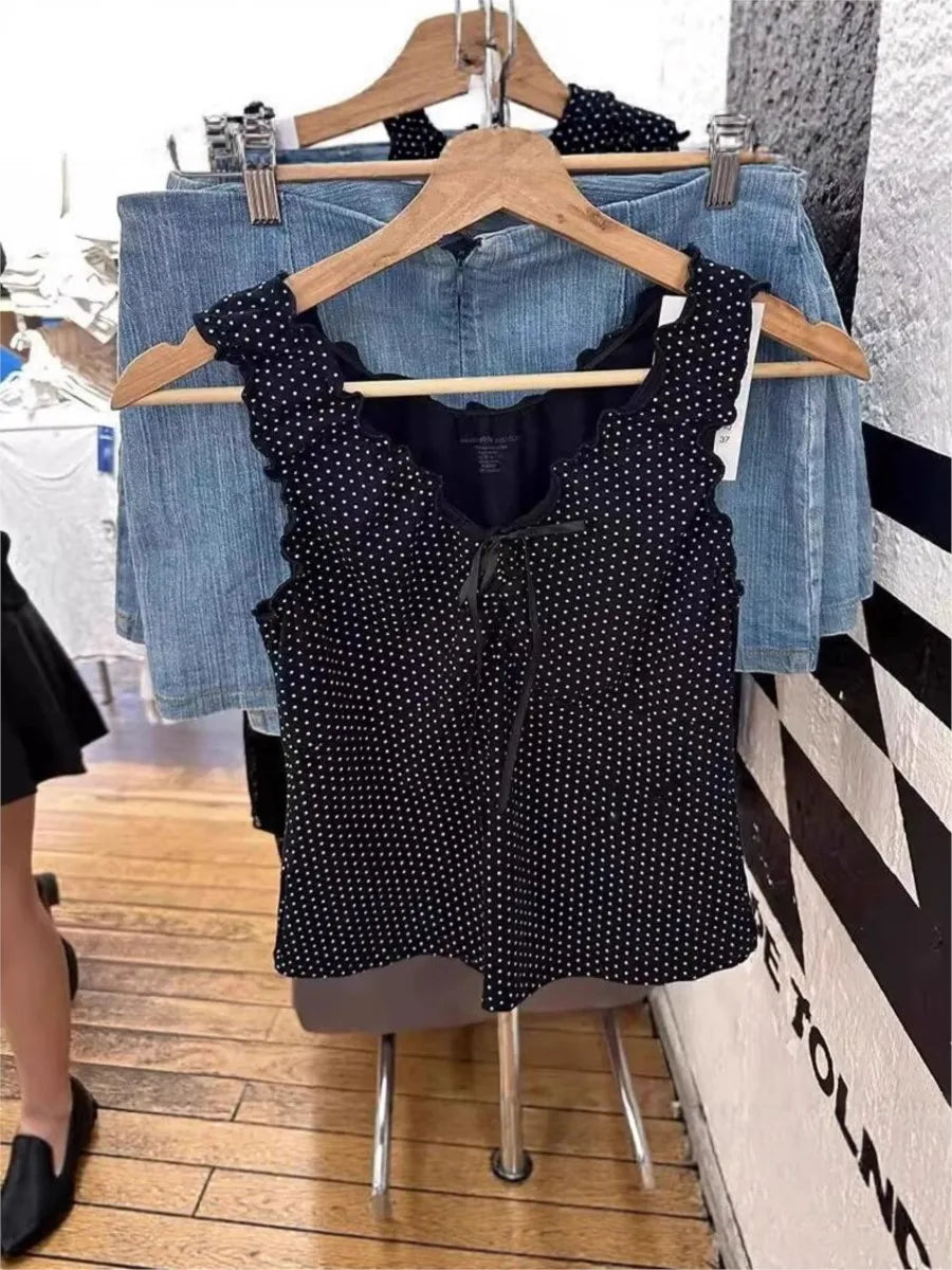 Black Folds Polka Dot Harajuku Tank Top Woman Summer New Sweet Bow V-neck Cotton Slim Camisole Vintage Simple Crop Top Vest Y2K