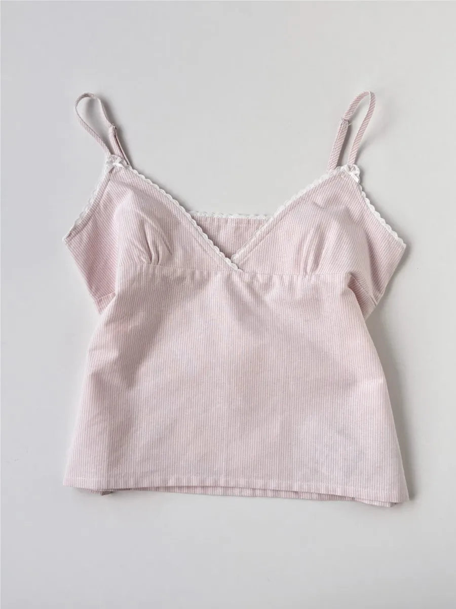 Sweet Pink Striped V-neck Bow Camis Women Summer New Cotton Casual Preppy Style Sleeveless Vests Vintage Chic Cute Tank Tops Y2K