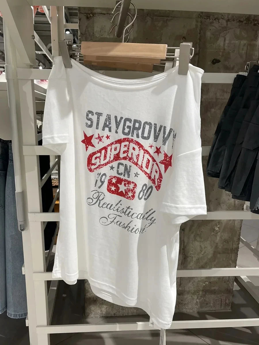 Letter Star Print Slash Neck T-shirts Women Summer New Sexy Cotton Slim Short Sleeve Tee Cute Sweet Preppy Style Tshirt Y2K Tops