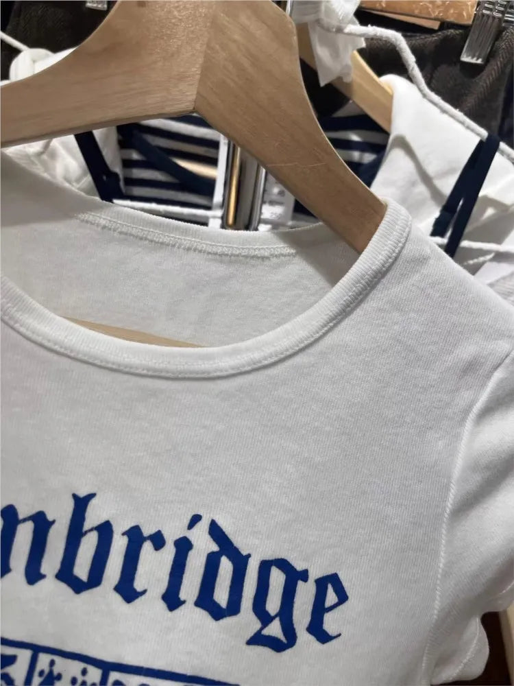 Geometric Print Slim T-shirts Woman O-neck Short Sleeve Cotton Tee Tops Female Summer Casual Sweet Preppy Style Tshirts Y2K