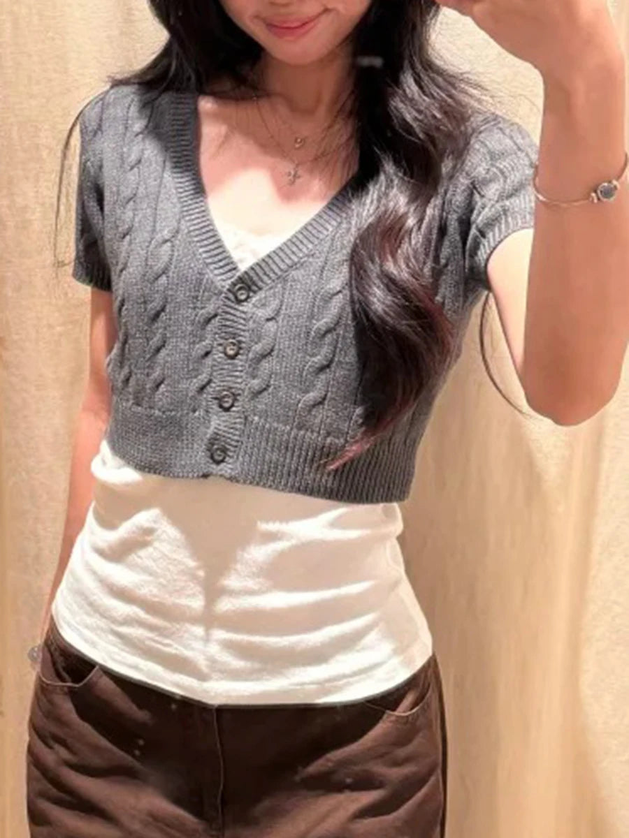 Four Button Knitted Cropped Cardigan Women Simple V-neck Twist Flower Short Sleeve Crop Tops Vintage Sweet Chic Knitwear Y2K