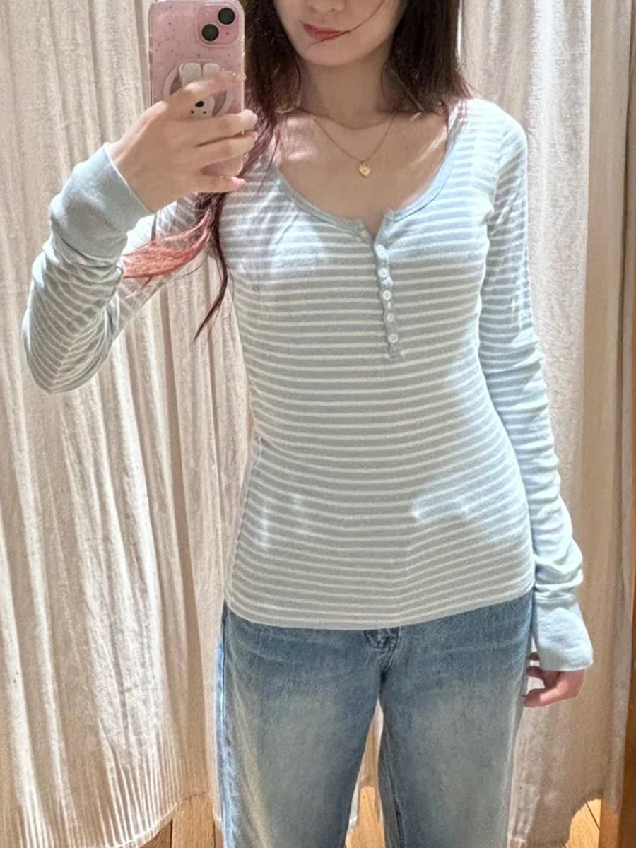 Buttons Striped Long Sleeve Tees Women O-Neck Cotton Slim Patchwork T-shirt Cute Preppy Style Sweet Simple Tshirt Y2K Top New